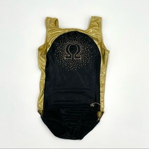 Destira Omega Leotard Bodysuit Gold Sparkly Black Childs Girls Gymnast‎ Medium